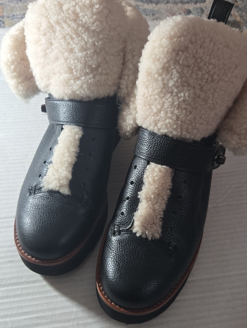 Coach Black Leather Shearling Boots with Cream Lining